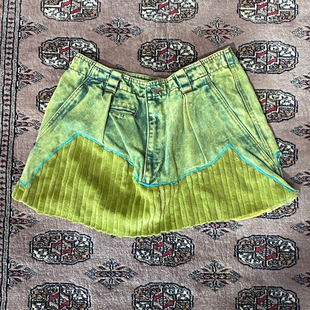 Handmade One of a Kind Green Stonewashed Studebaker Brand Jean MINI SKIRT